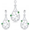 Šperky eshop - Set prívesku a náušníc, striebro 925, kontúra slzy, zelené zirkóny, číre kvety S41.28