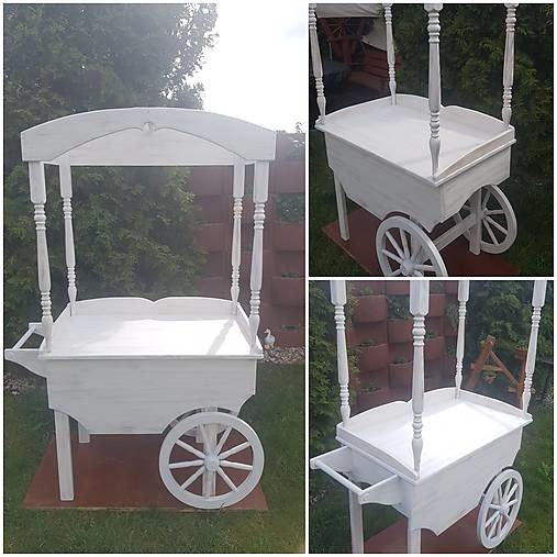 RETRO Candy bar, drevený svadobný vozík na skladkosti, stojan na zákusky,  torty, biely od 369 € - Heureka.sk