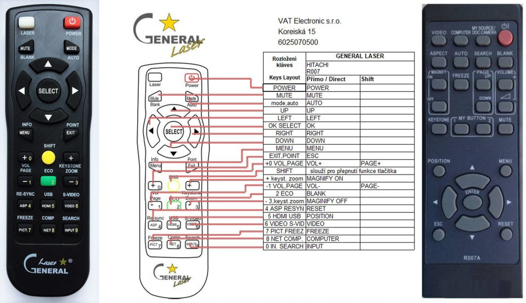 Diaľkový ovládač General Hitachi R007A, R016F, R016H, R017F, R017H