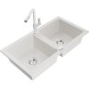 Mexen Mario, 2-komorový granitový drez 820x436x161 mm a drezová batéria Flora, biela, 6504-20-670401-02