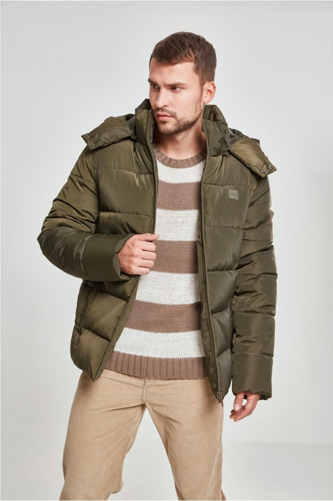 Urban Classics pánska zimná bunda Hooded Puffer Jacket olivová