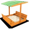 SAND TROPIC Drevené pieskovisko s lavičkami a strieškou 120x120cm (impregnované) zeleno-biele