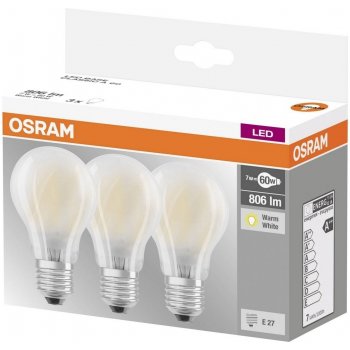 Osram 3PAK LED žiarovka LED E27 A60 7W 60W 806lm 2700K teplá biela 300°  Filament Base od 2,51 € - Heureka.sk