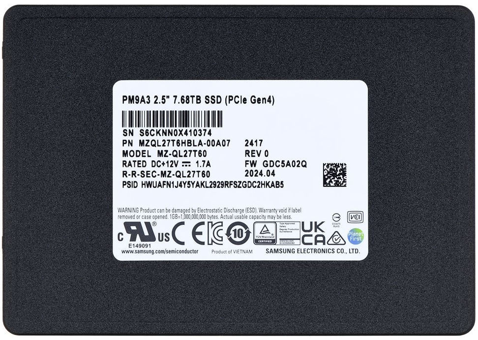 Samsung PM9A3 7.6TB, MZQL27T6HBLA-00A07