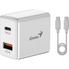 Genius PD-20ACP, Napájací adaptér, univerzálny, 20W, 1× USB-C, 1× USB, PD 3.0, QC 3.0, biely + 1m USB-C kábel