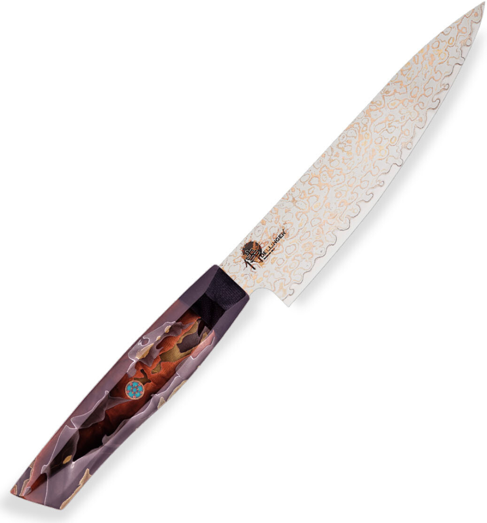 Dellinger Malý loupací nůž Utility 130 mm Resin Mesh Gold Damascus