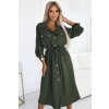 Midi košeľové šaty so zlatými gombíkmi a viazaním khaki 531-5 Khaki