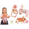 Set bábika v dupačkách v jedálenskom kútiku Doll Baby Nurse Smoby a kolíska s kolotočom a vanička s nočníkom a klokankou