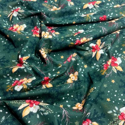 Vianočný vzor bavlnenej látky Vianoce, farba zelená, metráž 160 cm