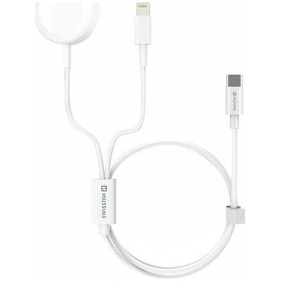 SWISSTEN Nabíjací magnetický kábel 2v1 pre Apple Watch a Lightning USB-C, 1,2 m, biela