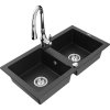 Mexen Mario, 2-komorový granitový drez 820x436x161 mm a drezová batéria Savita, čierna-strieborná metalíza, 6504-73-672601-00