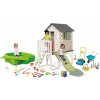 Set domček na pilieroch a pieskovisko s fúrikom a kosačkou House On Stilts Life Smoby rozšíriteľný s 1,5 m šmykľavkou s vodotryskom