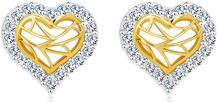 Šperky eshop náušnice v zlate srdiečko so zirkónovým obrysom a výrezmi v strede GG20.33