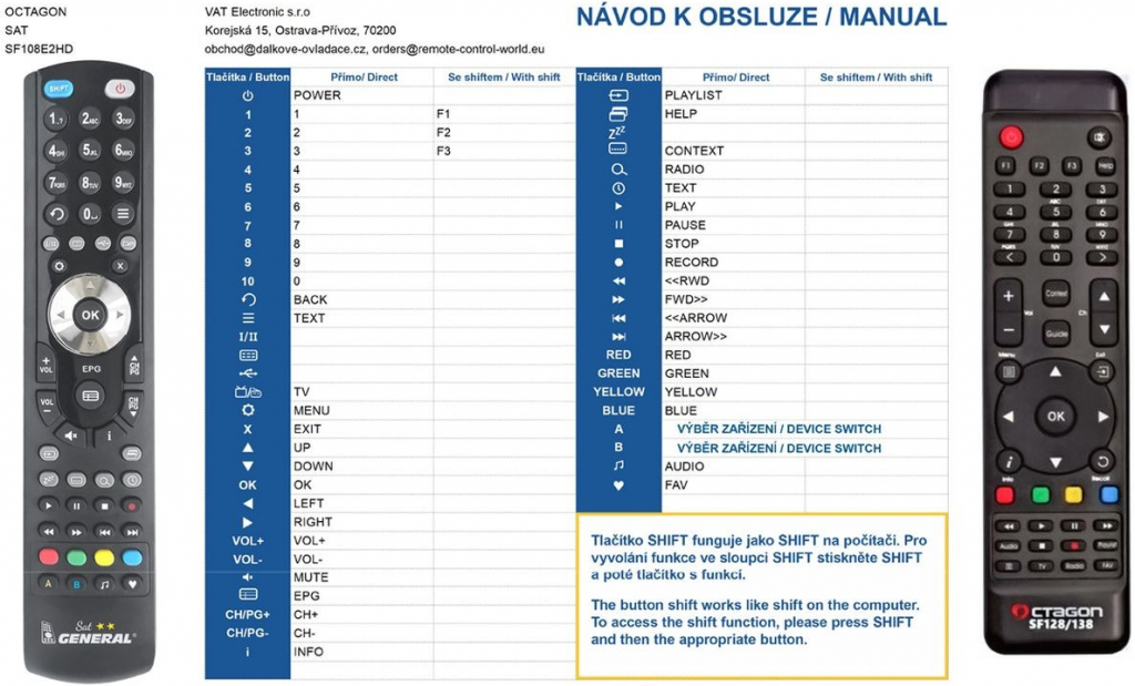 Diaľkový ovládač General OCTAGON SF108, SF128, SF138