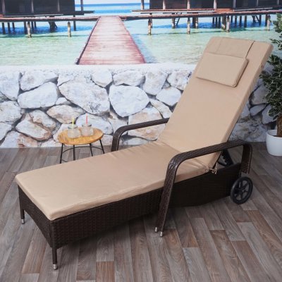 Mendler Poly-ratanové lehátko Carrara, Relax Lounger Garden Lounger, Alu hnedá, vankúš béžová