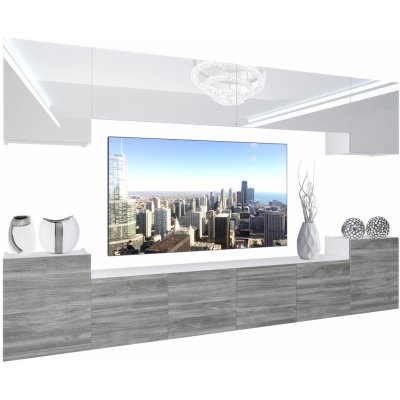 Obývacia stena Belini Premium Full Version biely lesk šedý antracit Glamour Wood LED osvetlenie Nexum 58
