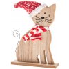 Drevená mačka s pleteným šálom a čiapkou, 29 cm