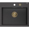 Mexen Oscar granitový drez s 1 komorou 580 x 490 mm, čierny škvrnitý, sifón zlatý - 6519581000-76-G