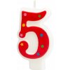 Party Narodeninová sviečka v tvare čísla 5 – červené lemovanie, farebné hviezdičky