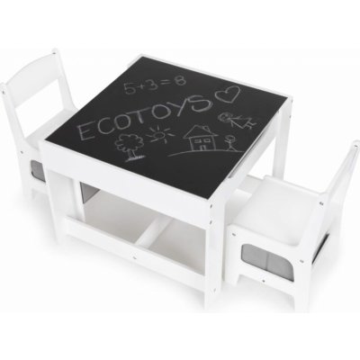 Eco toys Detský drevený nábytok stolček s tabuľou + dve stoličky biela/sivá