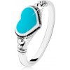 Šperky eshop - Strieborný prsteň 925, patinovaný, srdiečko v tyrkysovej farbe, guličky HH5.16 - Veľkosť: 55 mm