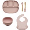 Malý Ježko Silikónový jedálenský set pre deti 5-dielny KLASIKA - Powder Pink Vyberte si príbor: Drevený príbor MINI, Vyberte si misku: CLASSIC
