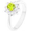 Šperky eshop - Prsteň - trblietavý zirkónový kvietok v čírom a zelenom odtieni, úzke ramená V12.12 - Veľkosť: 59 mm