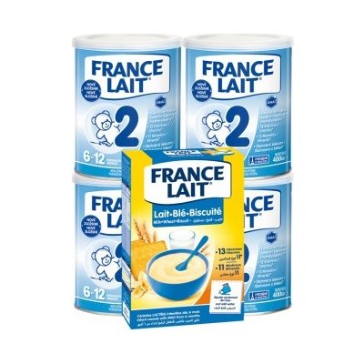 France Lait 2 následná mliečna dojčenská výživa od 6-12 mesiacov 4x400g + Pšeničná mliečna kaša sušienky 250g