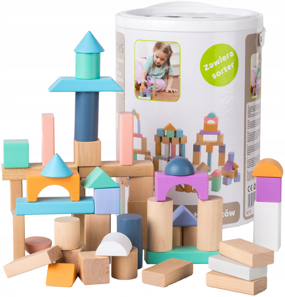 Eco Toys Drevené kocky vo vedierku pastelové farby 100 ks