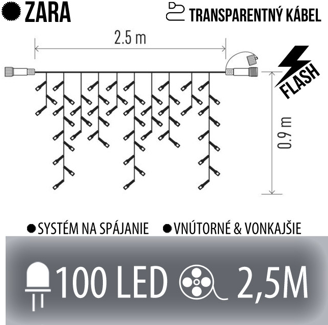 EMOS ZARA spojovateľná LED svetelná záclona vonkajšia FLASH 100LED 2,5M Studená biela transparentný kábel