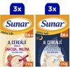 SUNAR Kaša mliečna 8 cereálií mix príchutí, 8m+, 6x210g