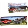 Kids Globe Traffic auto terénne 13 cm kov na spätný chod s prívesom + helikoptéra 20 cm