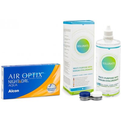 Alcon Air Optix Night & Day Aqua (6 šošoviek) + Solunate Multi-Purpose 400 ml s puzdrom Dioptrie: -10, Zakrivenie: 8.4, Priemer: 13.8