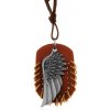 Šperky eshop - Náhrdelník z umelej kože, prívesky - hnedý ovál s krúžkami a anjelské krídlo Z12.07