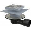 AlcaPlast APV3444 - Podlahová vpusť 150×150/50/75 mm bočná, mriežka nerez, nerezová príruba a límec 2. úrovne izolácie, vodná a suchá zápachová uzávera