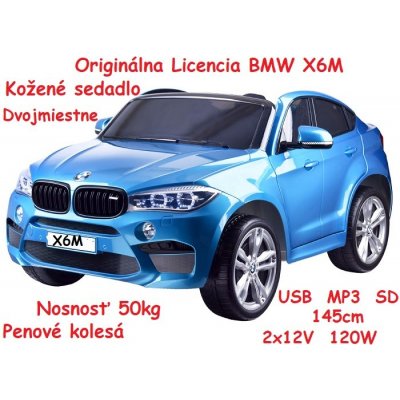 JOKO Elektrické autíčko BMW X6M, LAKOVANÉ, penové kolesá, dvojmiestne, kožené sedadlo, USB, nosnosť 50kg, modré