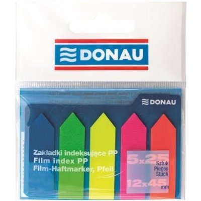 Záložky, plastové, tvar šípky, 5x25 záložiek, 12x45 mm, DONAU, neon mix