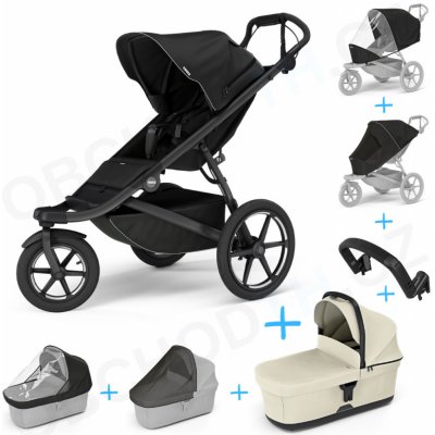 Thule Set 7v1 Urban Glide 3 Black 2024 + pláštenka + ochranná sieť+madlo+korbička Soft beige+pláštenka+ochranná sieť na korbičku