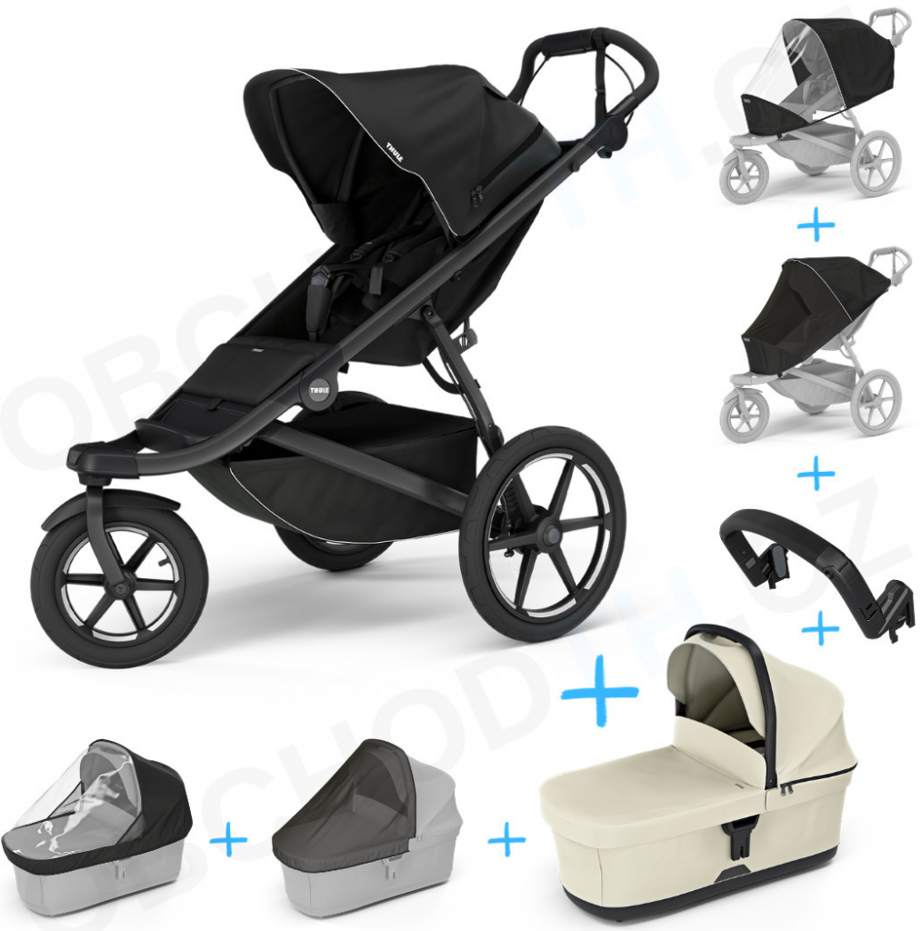 Thule Set 7v1 Urban Glide 3 Black 2024 + pláštenka + ochranná sieť+madlo+korbička Soft beige+pláštenka+ochranná sieť na korbičku