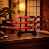 Dekoračná sada 3 japonských mečov katana s červeným puzdrom a stojanom (Dekoratívne katany na vystavenie v interiéri s japonským motívom)