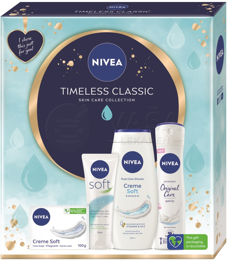 Nivea Timeless Classic Dámska darčeková kazeta 250 ml sprchový gél + 150 ml antiperspirant sprej + 100 g toaletné mydlo + 75 ml telový krém