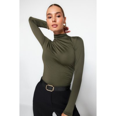 Trendyol Khaki Ruffle Detailed Stand Collar With Snap Snaps at the Bottom Flexible Knitted