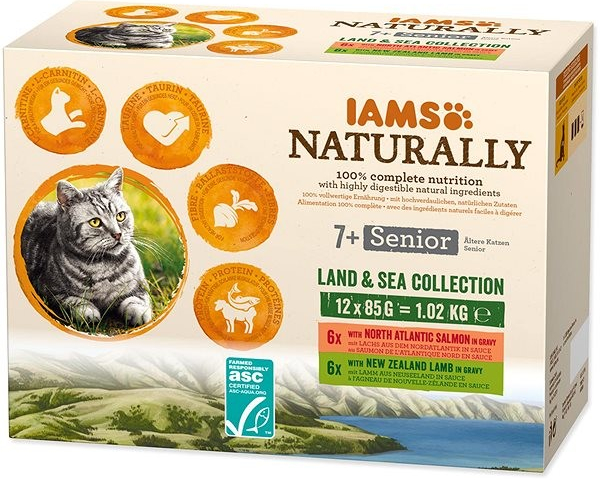 IAMS Naturally pre mačacích seniorov s jahňacím a lososovým mäsom v omáčke 12 x 85 g