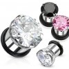 Šperky eshop - Tunel plug do ucha z chirurgickej ocele so zirkónom a gumičkou Z29.03 - Hrúbka: 4 mm, Farba piercing: Čierna