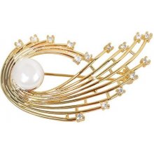 JwL Luxury Pearls perlová pozlátená brošňa s pravou bielou perlou a kryštály JL0377
