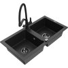 Mexen Mario, granitový drez 820x436x161 mm, 2-komorový a drezová batéria Duo, čierna-strieborná metalíza, 6504-73-671701-70-B