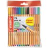 STABILO point 88 - fineliner - 15 ks balenie - 15 rôznych farieb vrátane 5 pastelových farieb