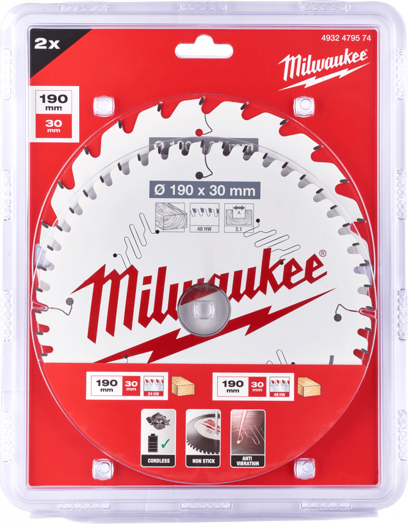 Milwaukee pílové kotúče na drevo 190 x 30 x 1.6/2.1 mm 24z/48z ATB 2 ks 4932479574