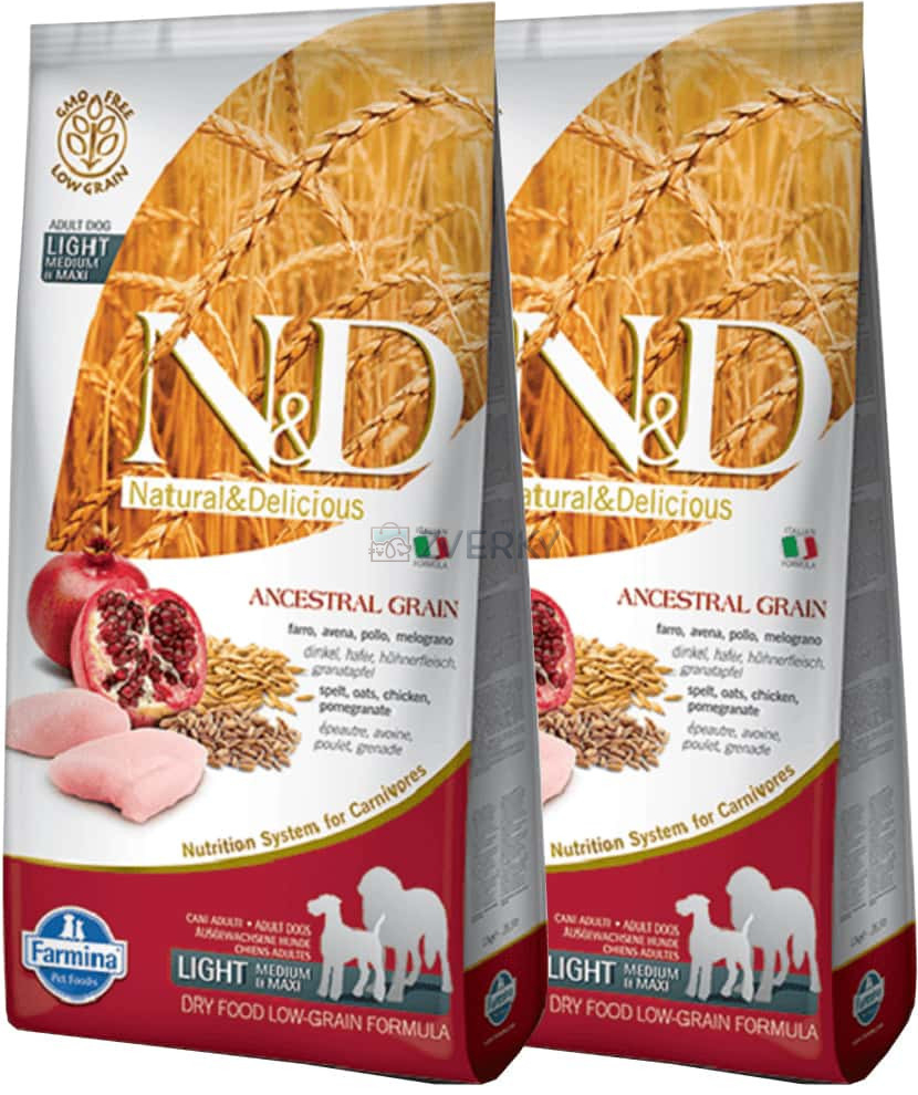 N&D Ancestral Grain Low Grain Dog Light Medium & Maxi Chicken & Pomeg 2 x 12 kg