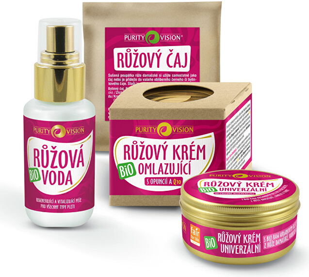 Purity Vision Bio Ružová sada: Bio růžový krém univerzální 70 ml + Růžová voda ze vzácné damašské růže + BIO Růžový krém omlazující 40 ml + Růžový čaj 10 g dárková sada